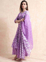 Lavender Fancy Cotton Floral Printed Anarkali Kurti,Pant and Dupatta Set